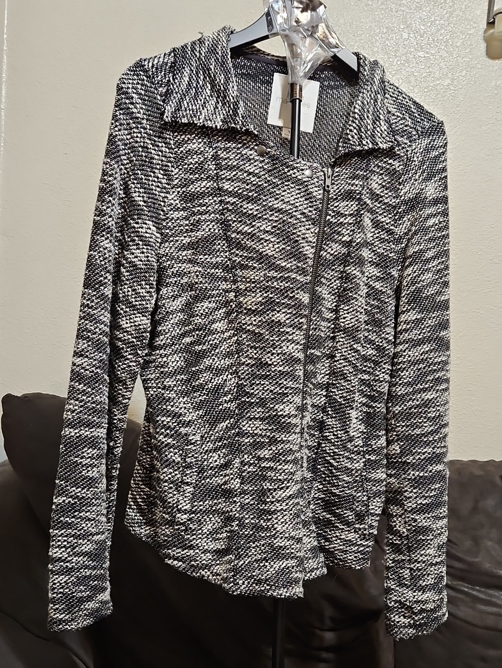 Maurices Black & White Marled Knit Zip Cardigan